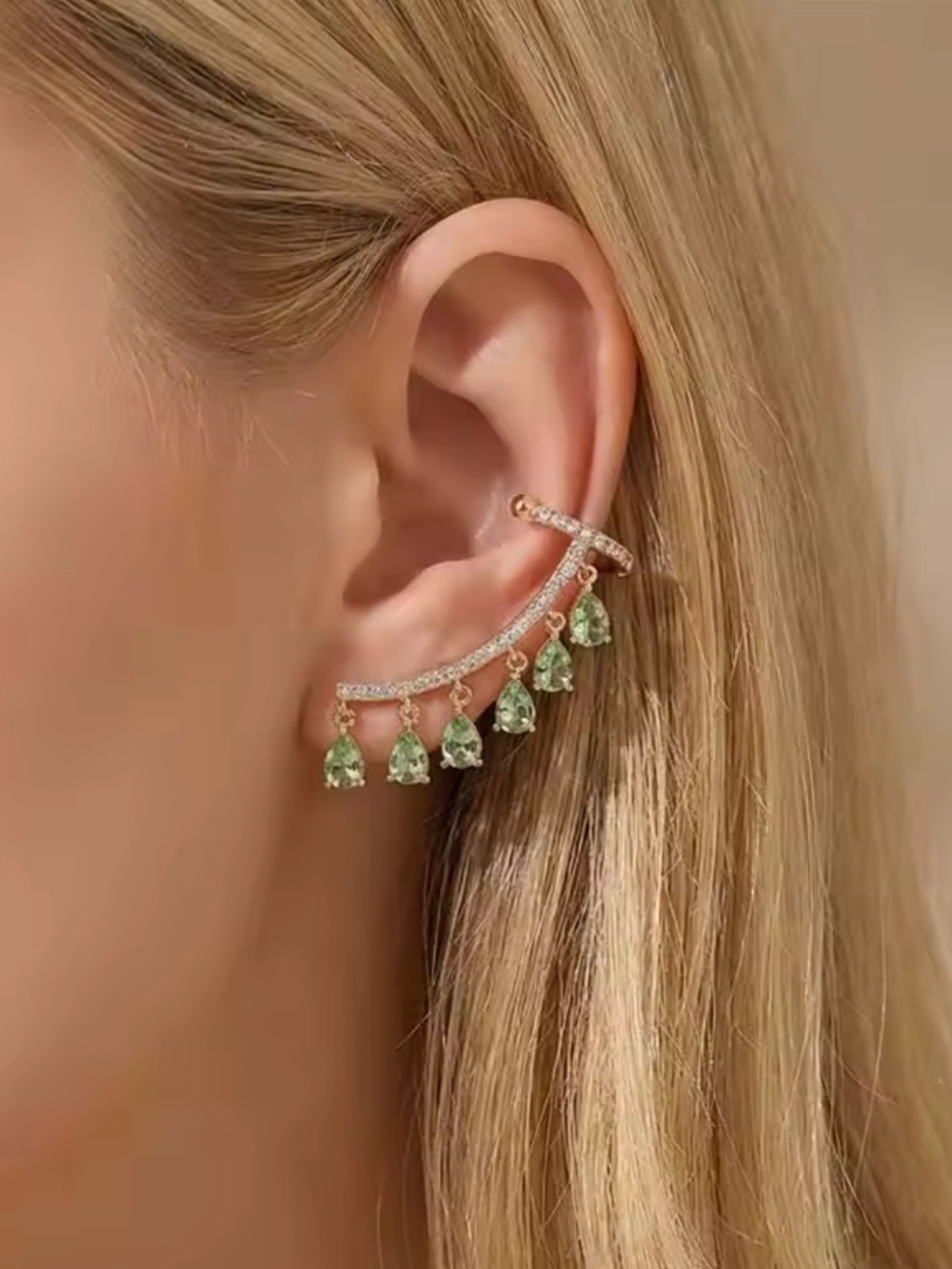 Target Green Teardrop Dangle Ear Cuff with Clear Accents